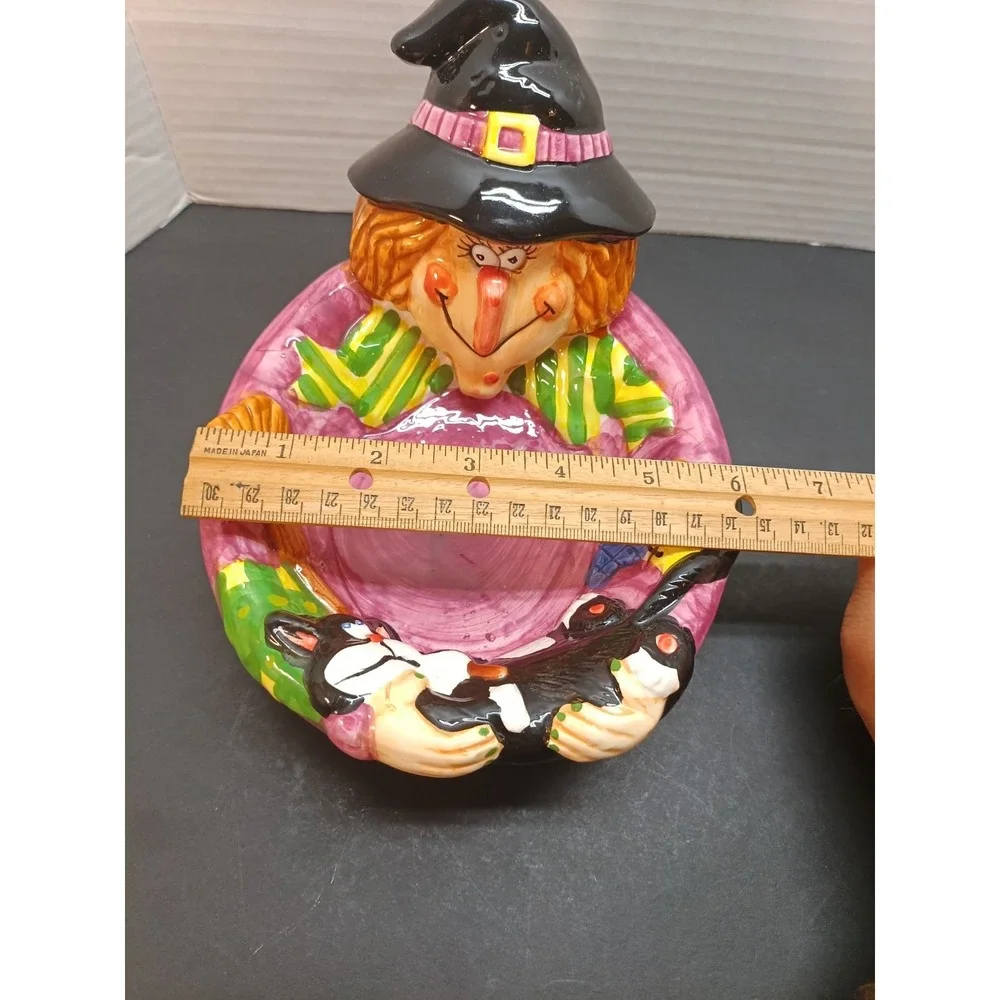 Vtg WCL Halloween Ceramic Witch Broom Black Cat Candy Bowl